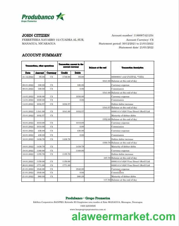 Nicaragua Banco de la Produccion bank statement Excel and PDF template